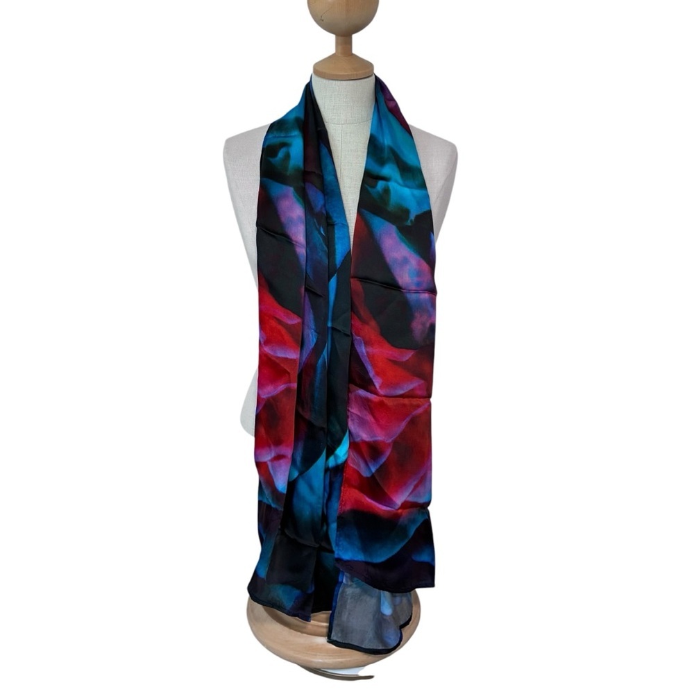 Vibrant Blue & Red Floral-Effect Long Silk Feel Scarf